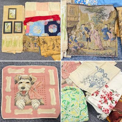 LOT 102: Finished & Unifinished Quilts, Pink Dog Pillow Cover, Embroidered Fabrics & More