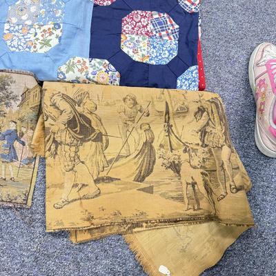 LOT 102: Finished & Unifinished Quilts, Pink Dog Pillow Cover, Embroidered Fabrics & More