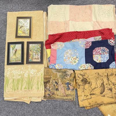 LOT 102: Finished & Unifinished Quilts, Pink Dog Pillow Cover, Embroidered Fabrics & More