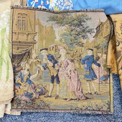 LOT 102: Finished & Unifinished Quilts, Pink Dog Pillow Cover, Embroidered Fabrics & More