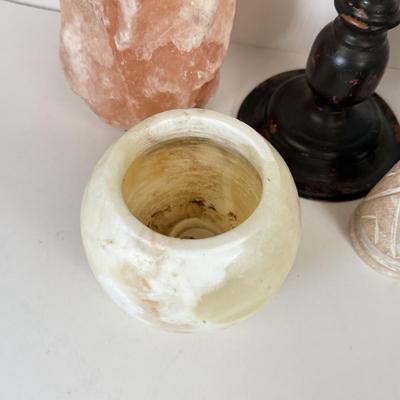 LOT 103: Shabby Chic Home Decor Collection: Corkboard on Stand, Salt Lamp (no light) & More