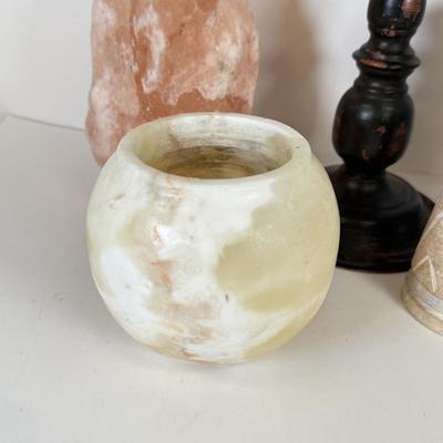 LOT 103: Shabby Chic Home Decor Collection: Corkboard on Stand, Salt Lamp (no light) & More