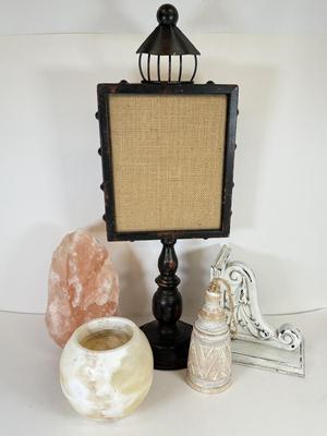 LOT 103: Shabby Chic Home Decor Collection: Corkboard on Stand, Salt Lamp (no light) & More