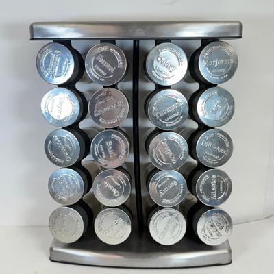 LOT 106: Olde Thompson Stainless Steel Spice Rack, Bacon & Burger Presses, Meat Thermometer Fork & More