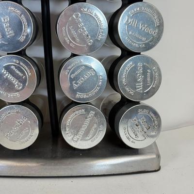 LOT 106: Olde Thompson Stainless Steel Spice Rack, Bacon & Burger Presses, Meat Thermometer Fork & More