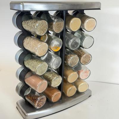 LOT 106: Olde Thompson Stainless Steel Spice Rack, Bacon & Burger Presses, Meat Thermometer Fork & More