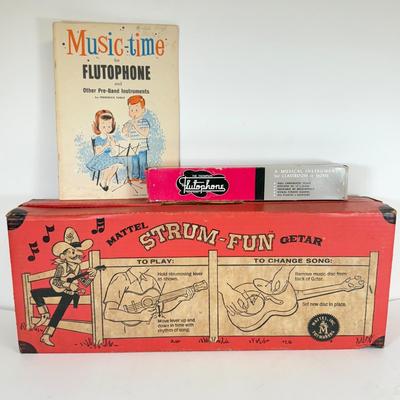 LOT 118: Vintage Flutophone, Mattel Strum-Fun Getar, LL Bean Log Cabin Building Set & More