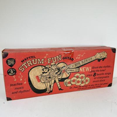 LOT 118: Vintage Flutophone, Mattel Strum-Fun Getar, LL Bean Log Cabin Building Set & More