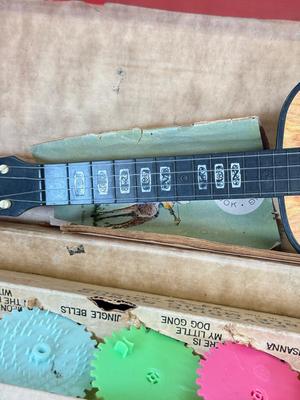 LOT 118: Vintage Flutophone, Mattel Strum-Fun Getar, LL Bean Log Cabin Building Set & More