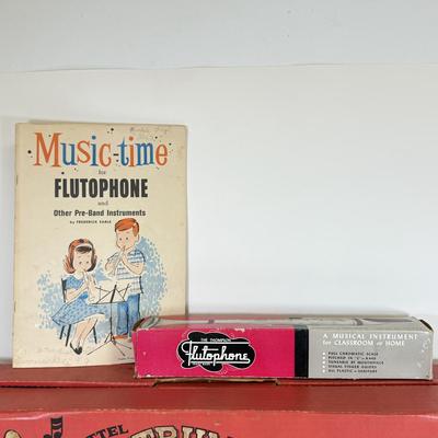 LOT 118: Vintage Flutophone, Mattel Strum-Fun Getar, LL Bean Log Cabin Building Set & More