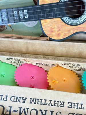 LOT 118: Vintage Flutophone, Mattel Strum-Fun Getar, LL Bean Log Cabin Building Set & More