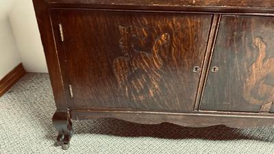 ANTIQUES SIDEBOARD OR BUFFET WITH 3 DRAWERS AND 2 DOOR CABINET ON CASTERS