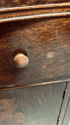 ANTIQUES SIDEBOARD OR BUFFET WITH 3 DRAWERS AND 2 DOOR CABINET ON CASTERS