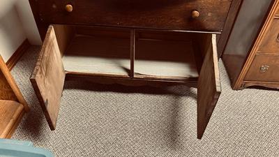 ANTIQUES SIDEBOARD OR BUFFET WITH 3 DRAWERS AND 2 DOOR CABINET ON CASTERS