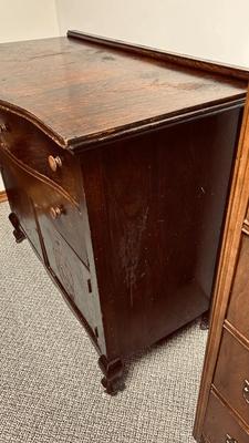 ANTIQUES SIDEBOARD OR BUFFET WITH 3 DRAWERS AND 2 DOOR CABINET ON CASTERS