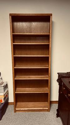 TALL NARROW OAK BOOKSHELF WITH ADJUSTABLE SHELVES