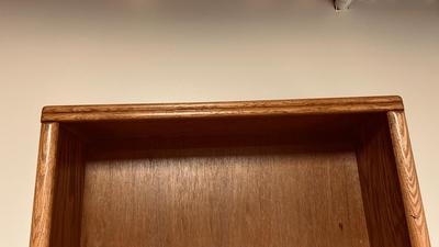 TALL NARROW OAK BOOKSHELF WITH ADJUSTABLE SHELVES