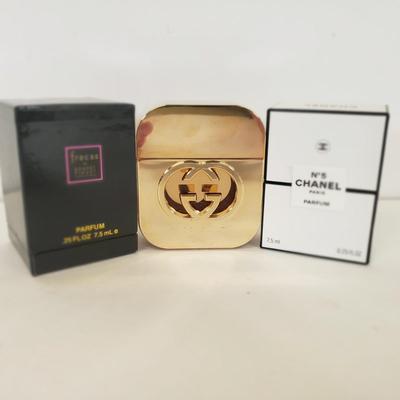 LOT 153: Gucci Guilty 1.6 oz(Full), Robert Piguet Fracas .25 oz(Full), Chanel No 5 .25 oz(Half Full)