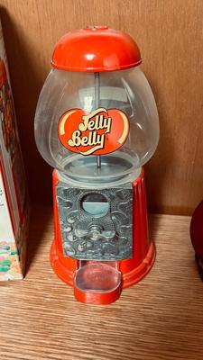 MINI JELLY BELLY BEAN MACHINE, RIVER BOAT PENCIL SHARPENER AND A WOODEN TOP