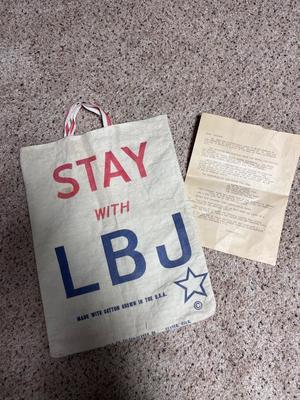 "ALL THE WAY WITH LBJ" LYNDON B JOHNSON 36th PRESIDENT COTTON BAG AND LETTER