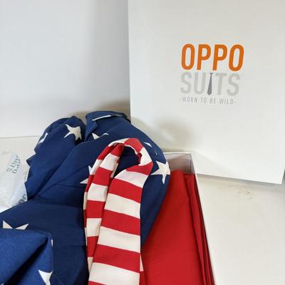 LOT 160: OppoSuits American Flag Suit in box, US Flag in Box & 13 Colonies Spoon Set