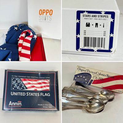 LOT 160: OppoSuits American Flag Suit in box, US Flag in Box & 13 Colonies Spoon Set