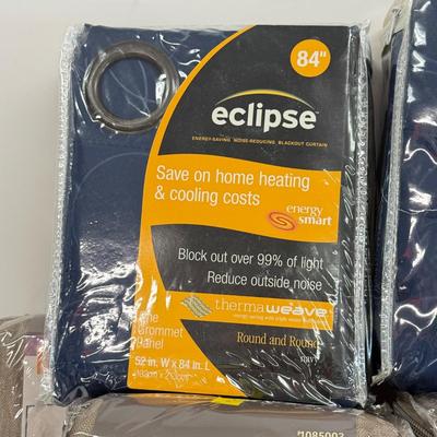 LOT 164: 2 Packs Eclipse Blackout Curtains (84") & Four Allen + Roth 84" Gromet Top Panel Curtains