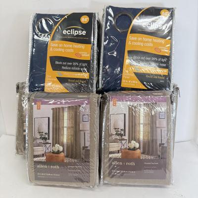 LOT 164: 2 Packs Eclipse Blackout Curtains (84") & Four Allen + Roth 84" Gromet Top Panel Curtains