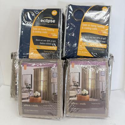 LOT 164: 2 Packs Eclipse Blackout Curtains (84") & Four Allen + Roth 84" Gromet Top Panel Curtains