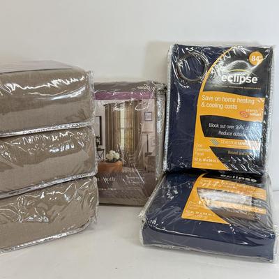 LOT 164: 2 Packs Eclipse Blackout Curtains (84") & Four Allen + Roth 84" Gromet Top Panel Curtains