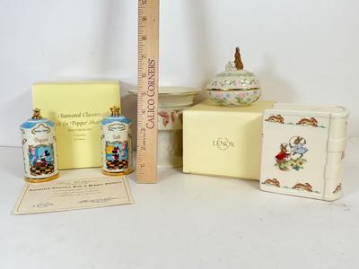 LOT 165: Lenox Disney Animated Classics Mickey & Minnie Mouse Salt and Pepper Shakers w/ Box, Egg Trinket Box w/ Box, Royal Doulton...