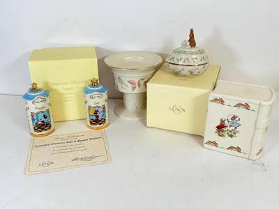 LOT 165: Lenox Disney Animated Classics Mickey & Minnie Mouse Salt and Pepper Shakers w/ Box, Egg Trinket Box w/ Box, Royal Doulton...