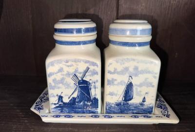 Delft Blauw Hand Painted 5.5" Lidded Canisters with Underplate