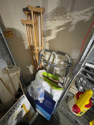 Crutches, posters, chemicals