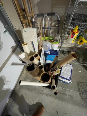 Crutches, posters, chemicals