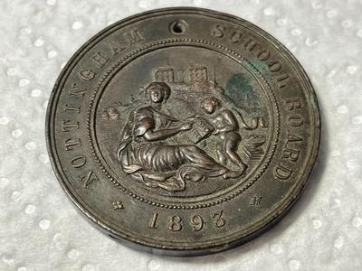 Nottingham School Board Medal 1893 - Exemplary Punctuality Awarded to; F. HUCKNALL Bronze Composition as Pictured.