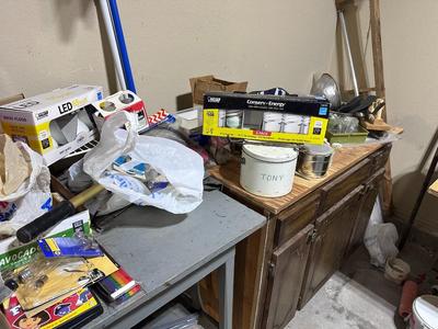 Fertilizer Spreader, Miscellaneous Shelves of tools and fasteners