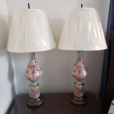LOT 2Y: Pair of Vintage Hand Painted Porcelain & Brass Lamps