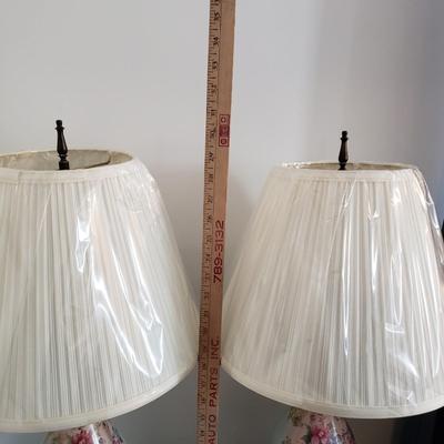 LOT 2Y: Pair of Vintage Hand Painted Porcelain & Brass Lamps
