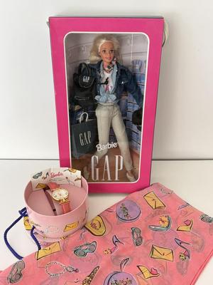 LOT 61D: Mattel Barbie Collection: 1998 Special Edition GAP Doll 16449, 35th Anniversary Fossil Watch in Original Box w/ Matching Scarf