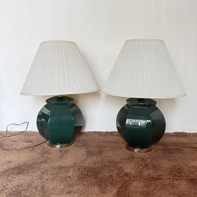 LOT 83F: Pair of Working Green Ceramic Base Table Lamps (27")