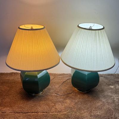 LOT 83F: Pair of Working Green Ceramic Base Table Lamps (27")