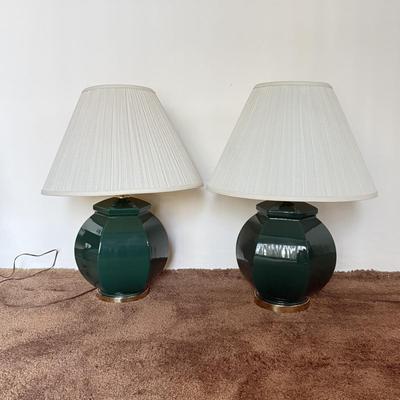LOT 83F: Pair of Working Green Ceramic Base Table Lamps (27")