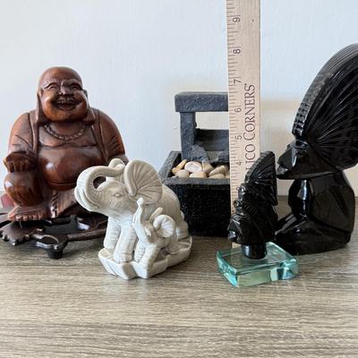 LOT 90F: Wooden Buddha, Ceramic Elephant & Heavy Tribal Carvings