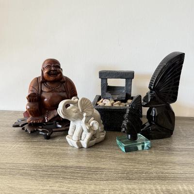 LOT 90F: Wooden Buddha, Ceramic Elephant & Heavy Tribal Carvings