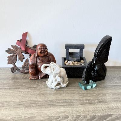 LOT 90F: Wooden Buddha, Ceramic Elephant & Heavy Tribal Carvings