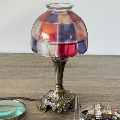 LOT 92F: Vintage Glass Shade Lamp, Abalone Fish, Magnifying Glass & More