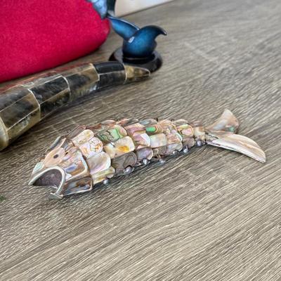 LOT 92F: Vintage Glass Shade Lamp, Abalone Fish, Magnifying Glass & More