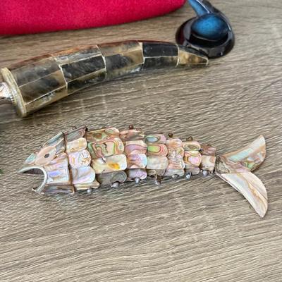 LOT 92F: Vintage Glass Shade Lamp, Abalone Fish, Magnifying Glass & More