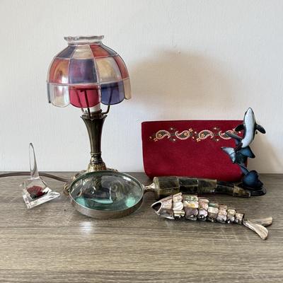 LOT 92F: Vintage Glass Shade Lamp, Abalone Fish, Magnifying Glass & More
